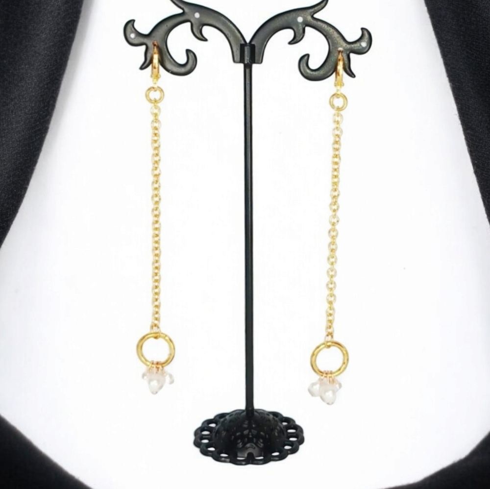 Gold Pearl Linear Drop Huggie Hoop Earrings Shoulder Dusters Mod 60s Retro Glam